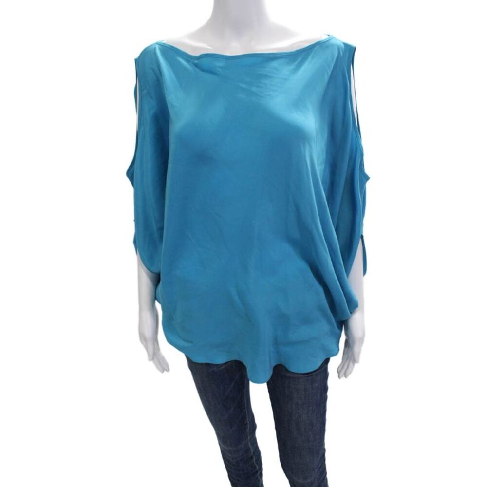 Emerson Thorpe Womens Blue Silk Designer 3/4 Sleeve Solid Blouse Size M